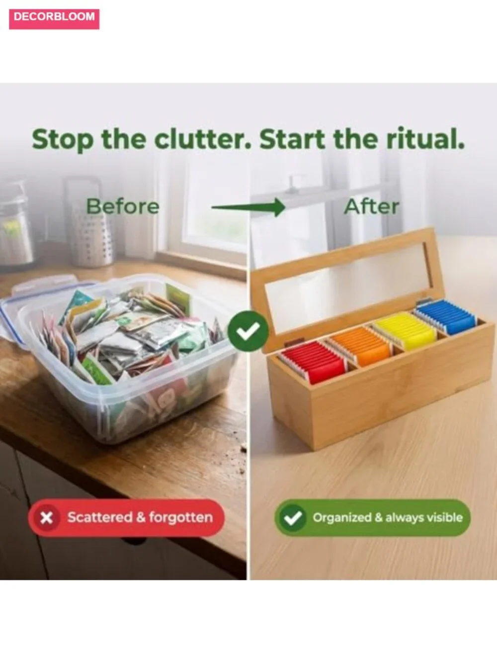 Bamboo Tea Bag Organizer with Acrylic Lid - Tea Storage Box for Counter or